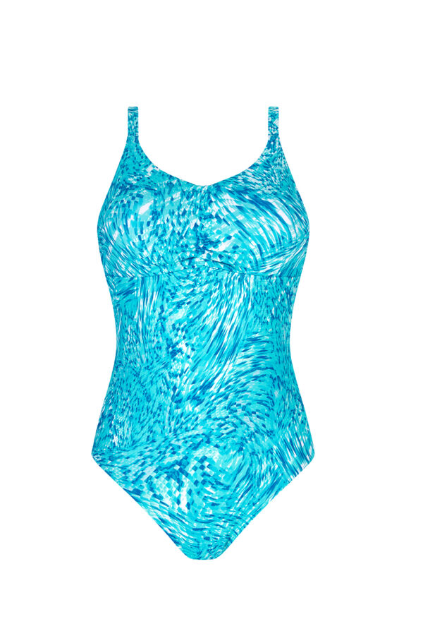 Malibu blue mastectomy swimsuit front high neckline
