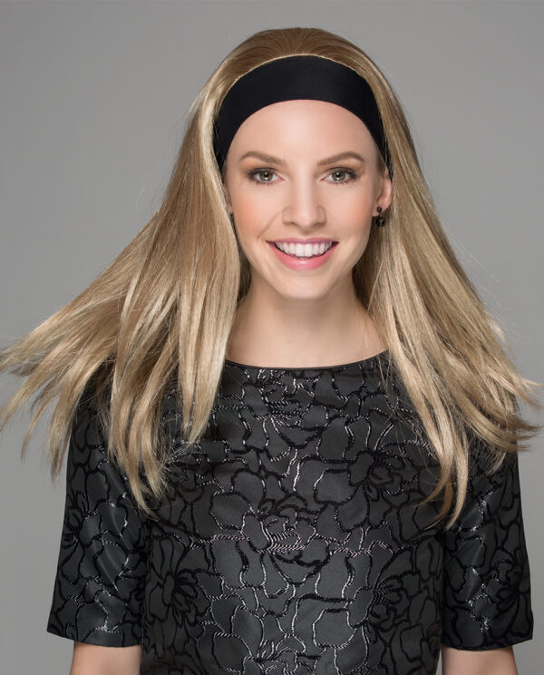 A long blonde wig style hairpiece attached to a secure, comfortable black headband