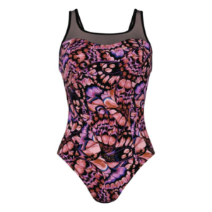 Frascati Mesh Neckline Swimsuit | Pink & Black Rosewood Pattern | Anita