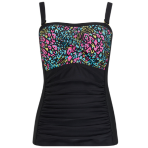 Santa Barbara Rouched Tankini | Black with a Pastel Blue & Pink Pattern | Nicola Jane