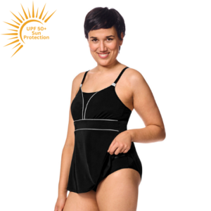 Ravello Swim Dress | UPF 50+ | Black with Silver Trim | Amoena