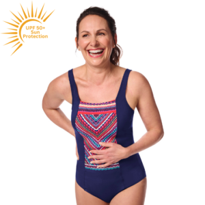 Thassos Square Neckline Swimsuit | UPF 50+ | Navy Tribal Pattern | Amoena