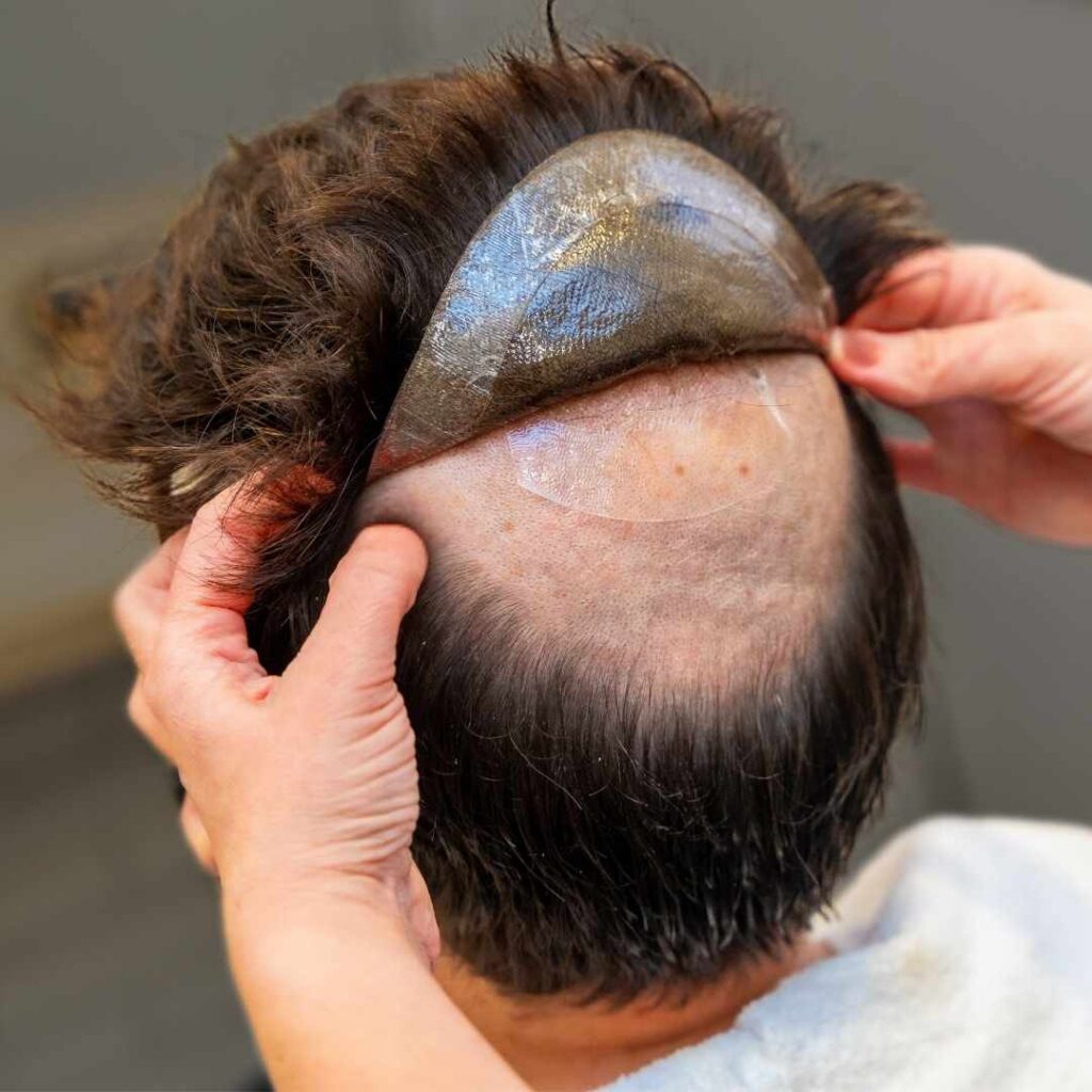 A men's hair refusion system being applied